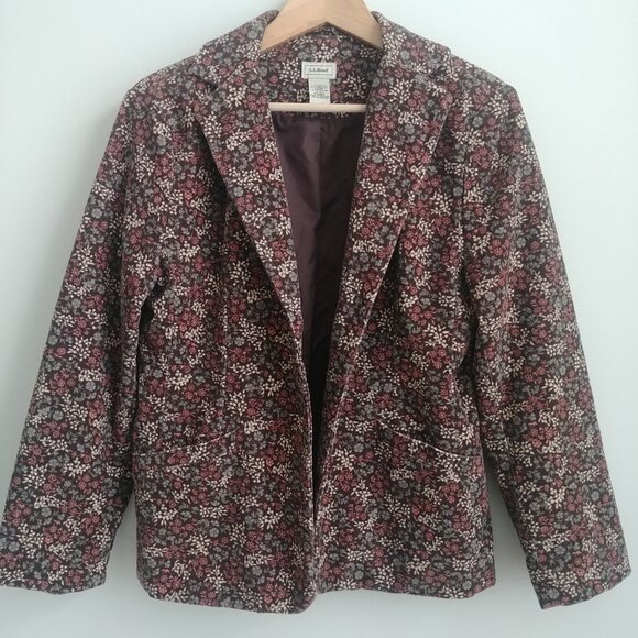 LL Bean brown cotton corduroy blazer jacket with cream pink blue floral … - Picture 9 of 14